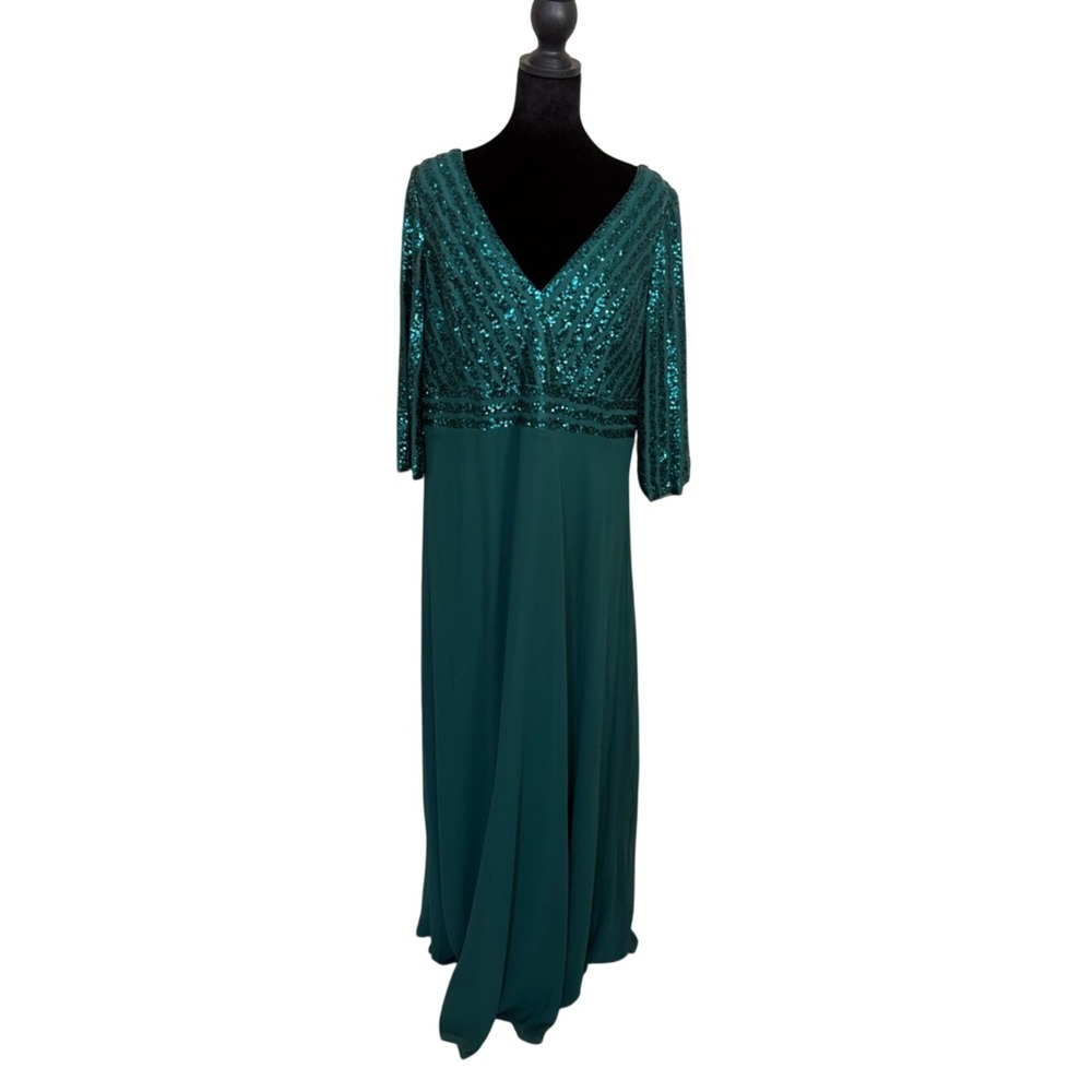 Sexy V Neck A-Line Sequin Evening Dress Gown 3/4 Sleeve‎ Green Size 20